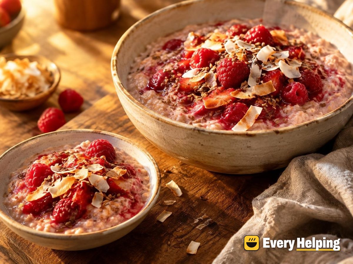 Raspberry Vanilla Soy Porridge with Toasted Coconut