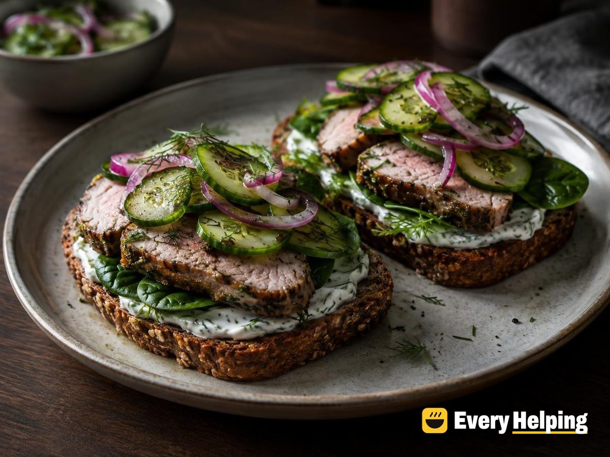 Herbed Pork Tenderloin Toasts with Pickled Cucumber