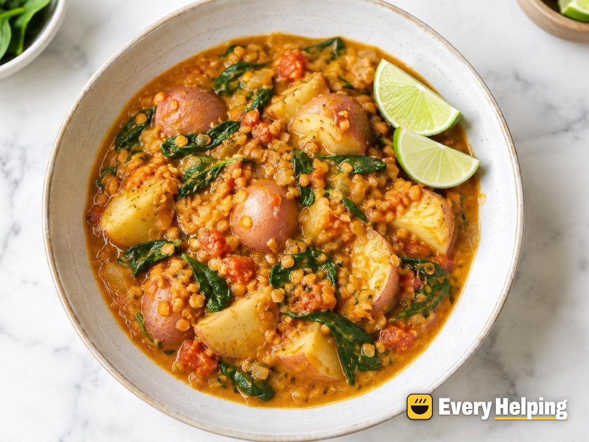 Curried Coconut Tomato Potatoes with Red Lentils