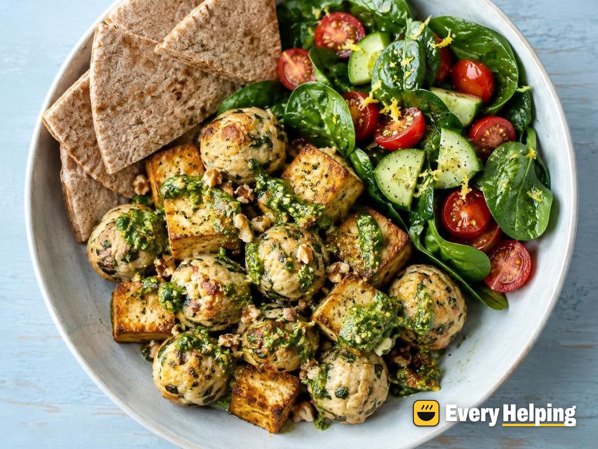 Baked Tofu White Bean Balls with Basil Pesto