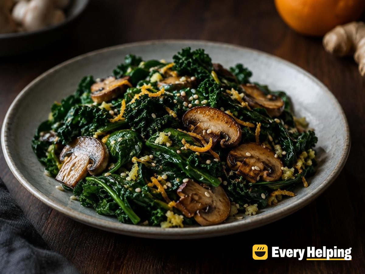 Ginger Sesame Kale with Crispy Mushrooms