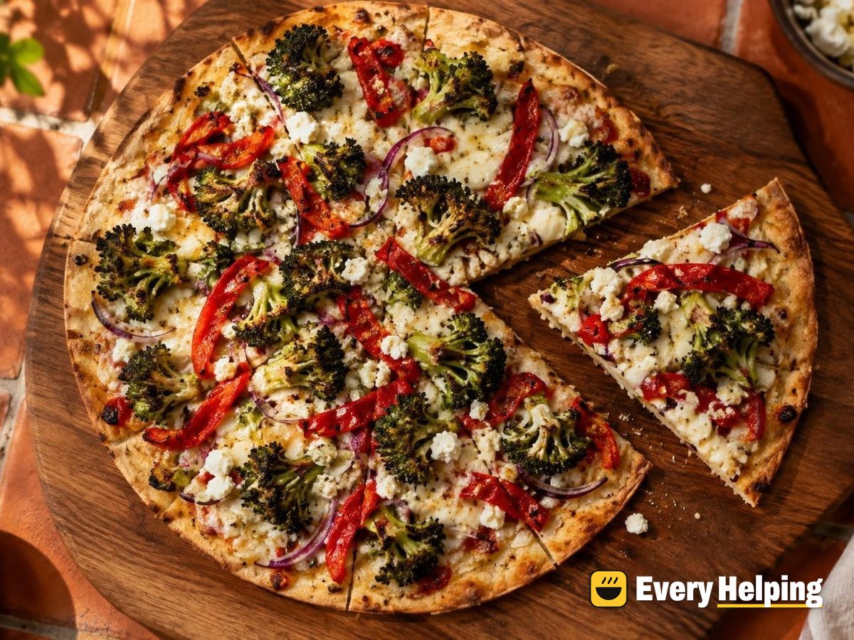 Thin-Crust Roasted Broccoli, Pepper and Feta Pizzas