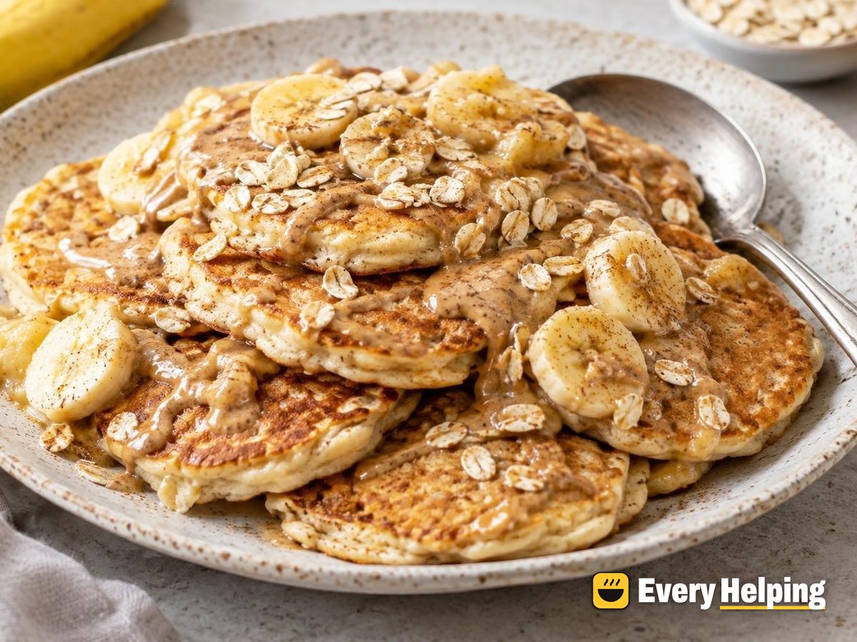 Fluffy Banana Oat Pancakes with Almond Butter