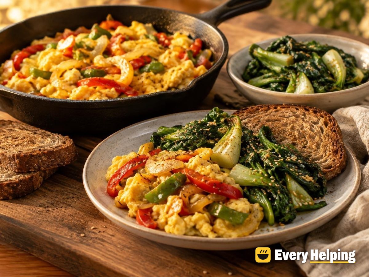 Garlicky Pepper-Onion Scramble with Sesame Greens
