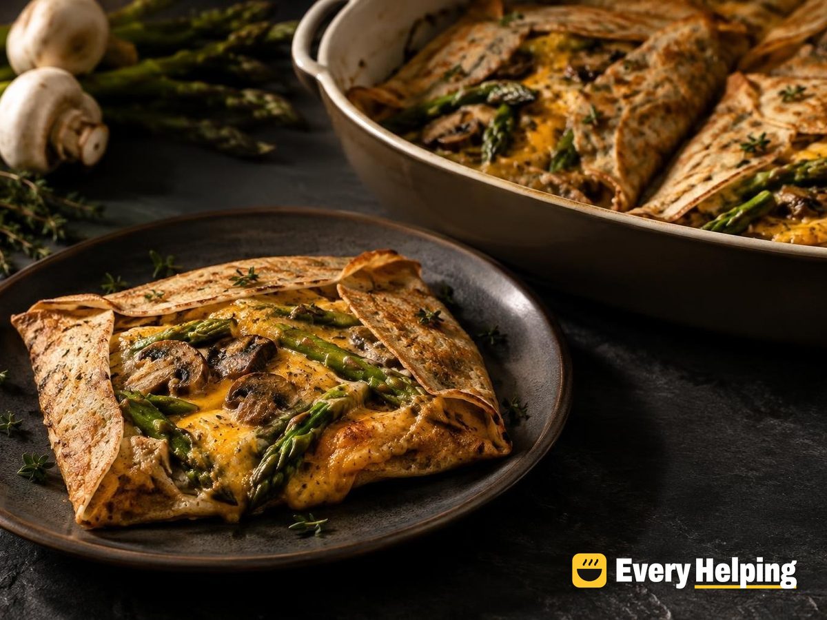 Asparagus, Mushroom and Sharp Cheddar Crêpe Squares