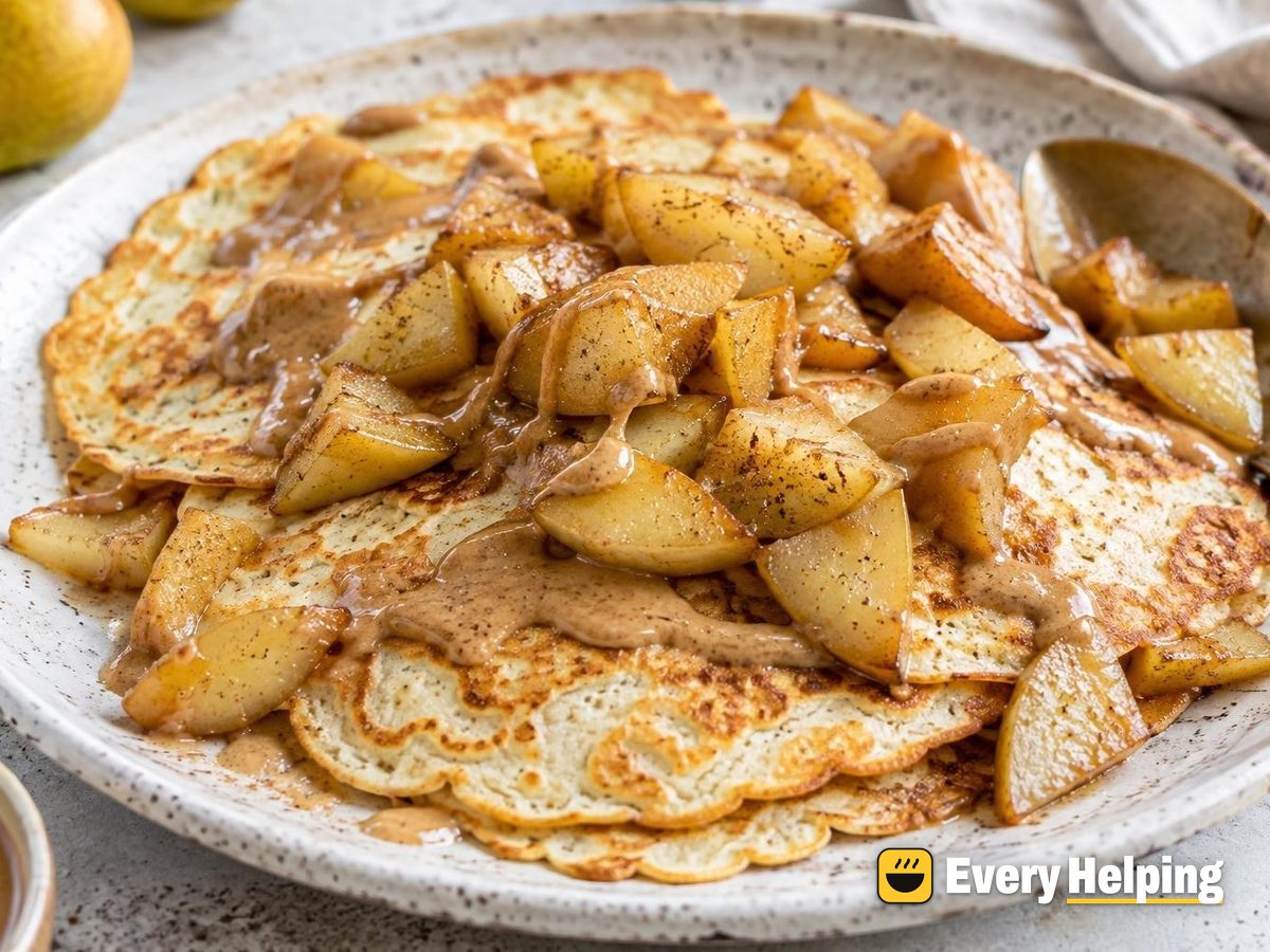 Thin Yogurt Pancakes with Warm Pear and Almond Butter