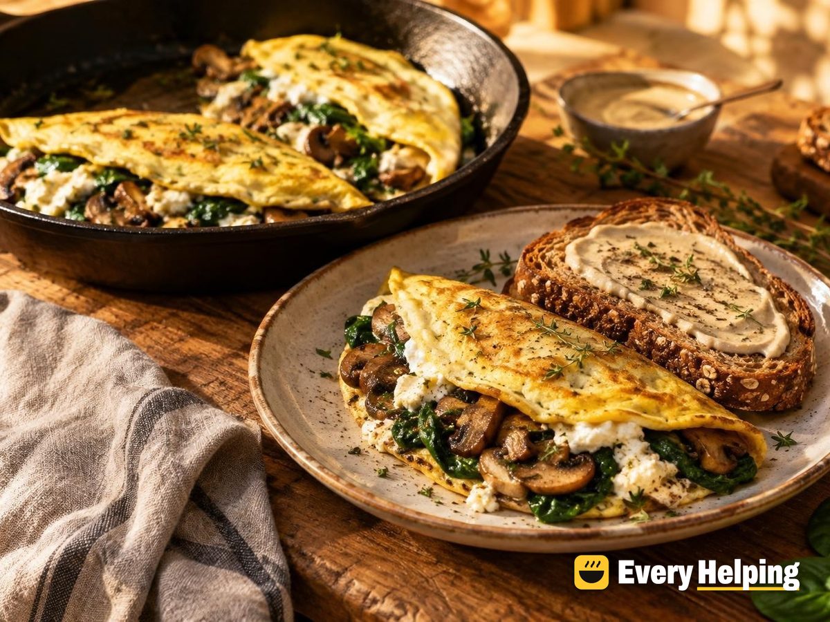 Ricotta-Herb Mushroom Spinach Omelets with Tahini Toast
