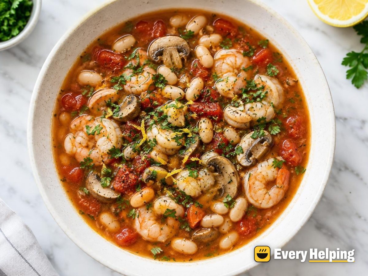 Smoky Shrimp, Mushroom and White Bean Tomato Soup