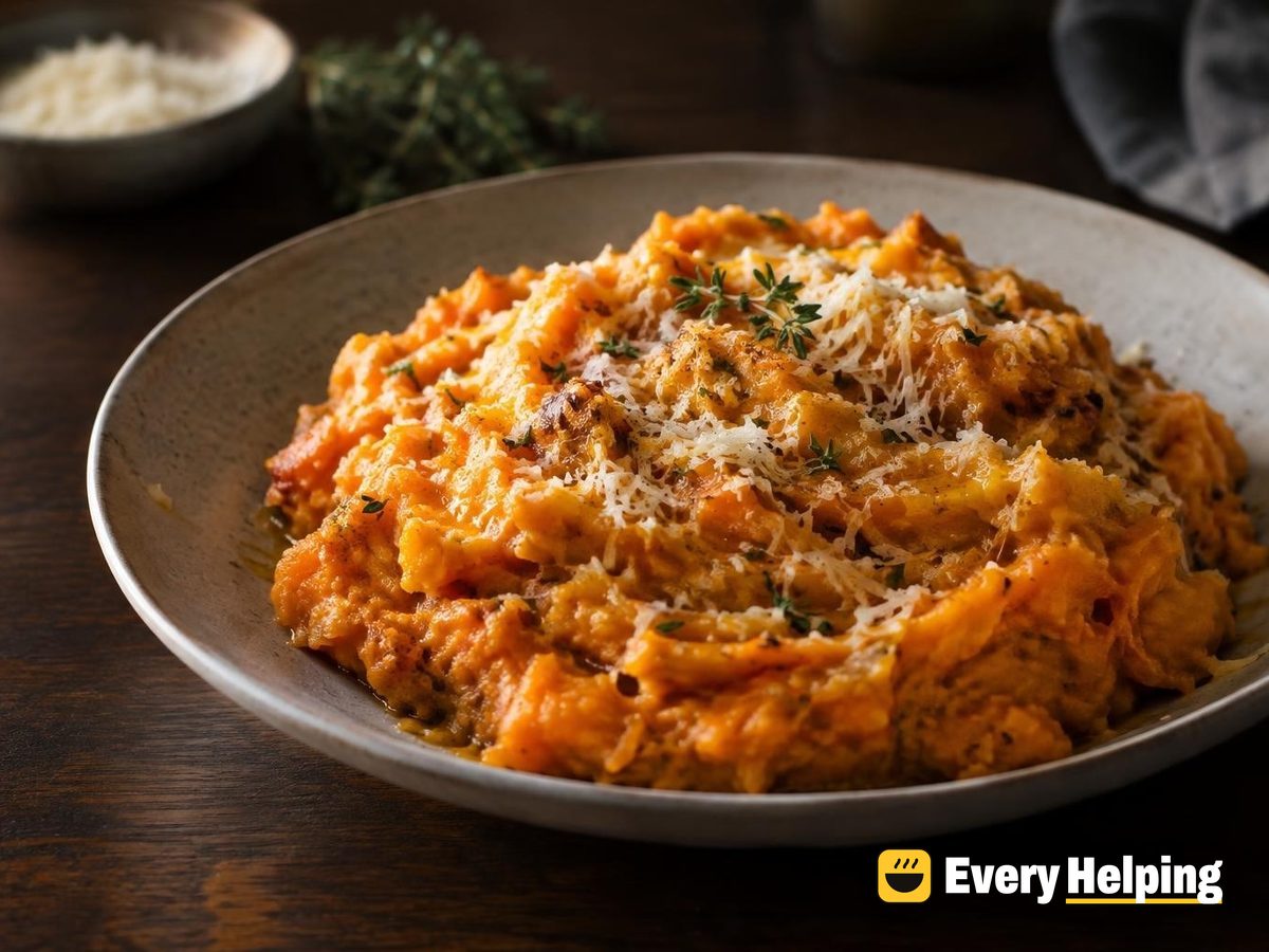 Roasted Sweet Potato Carrot Mash with Parmesan