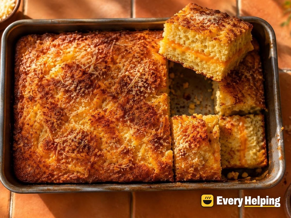 Honey Cheddar Ribbon Cornbread with Parmesan Crust