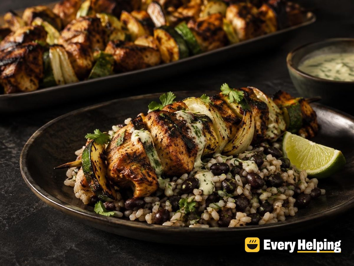 Grilled Cumin-Lime Chicken Thigh Skewers with Black Bean Rice