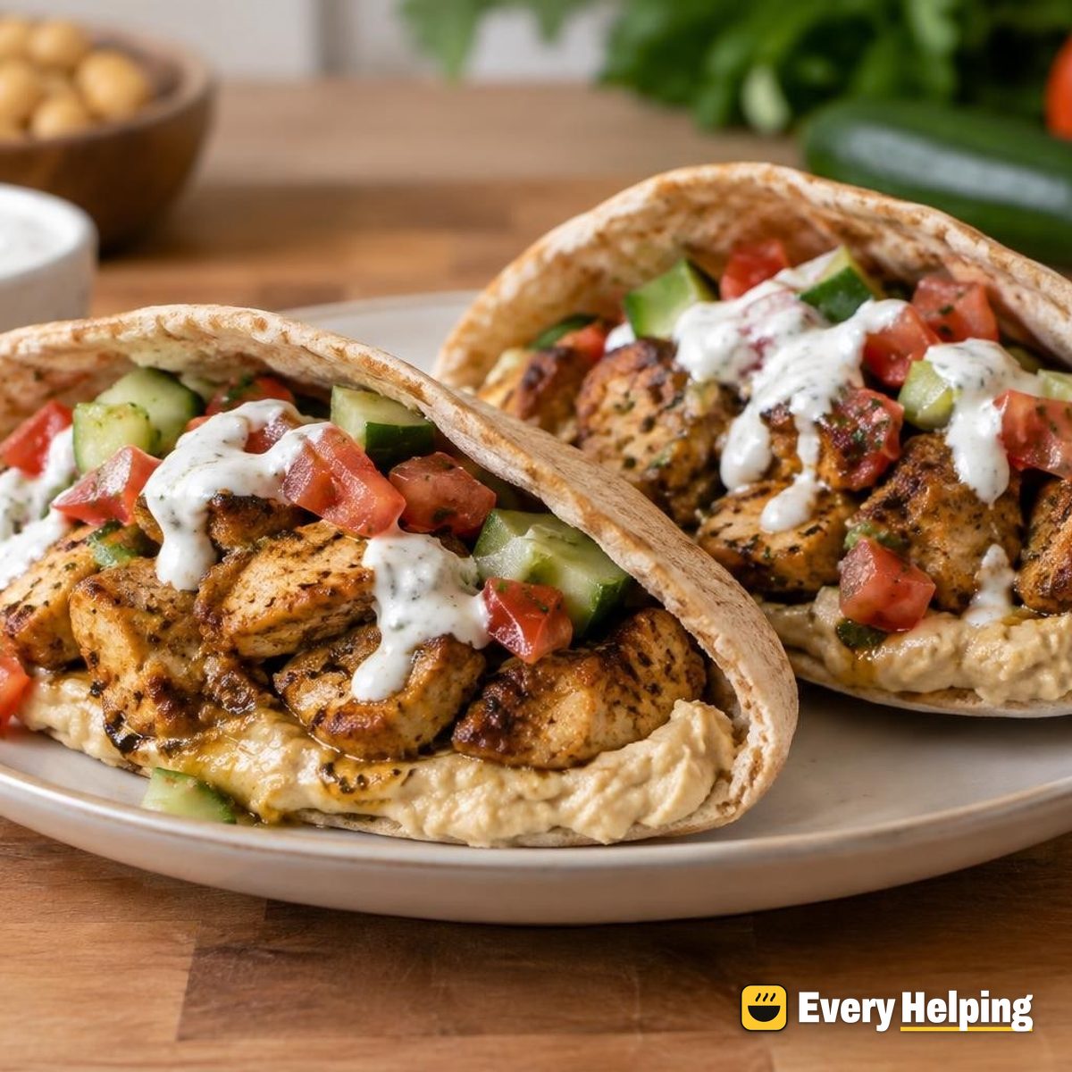 Shawarma-Spiced Chicken Thigh Pitas with Hummus
