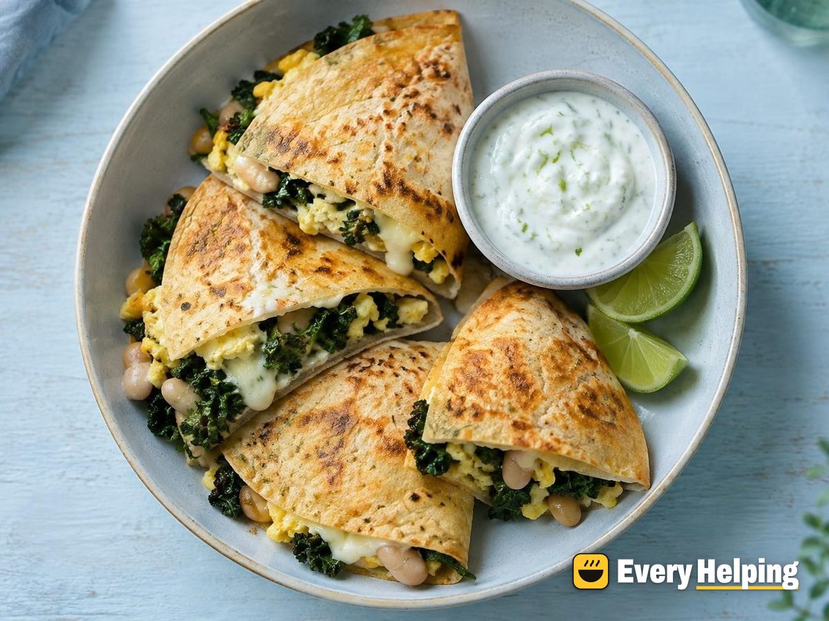 Smashed White Bean, Egg and Kale Quesadillas