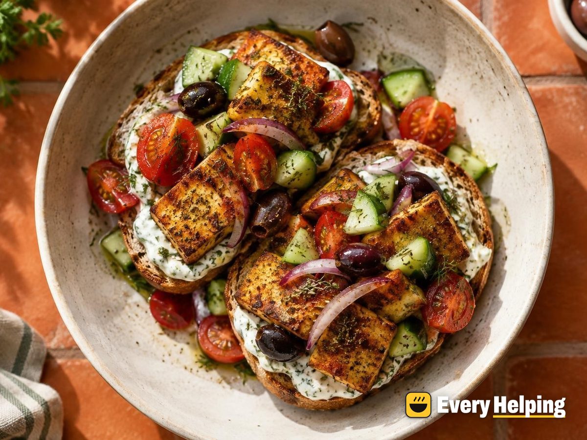 Seared Oregano Tofu Toasts with Herb Yogurt