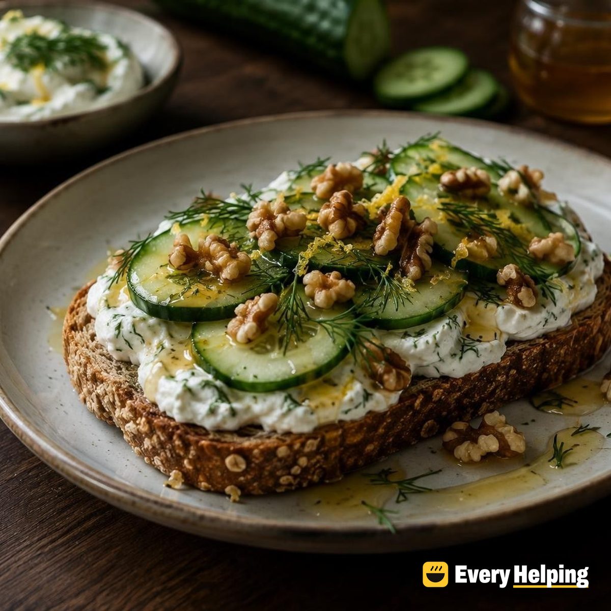 Dill Labneh Toast with Cucumber and Walnuts
