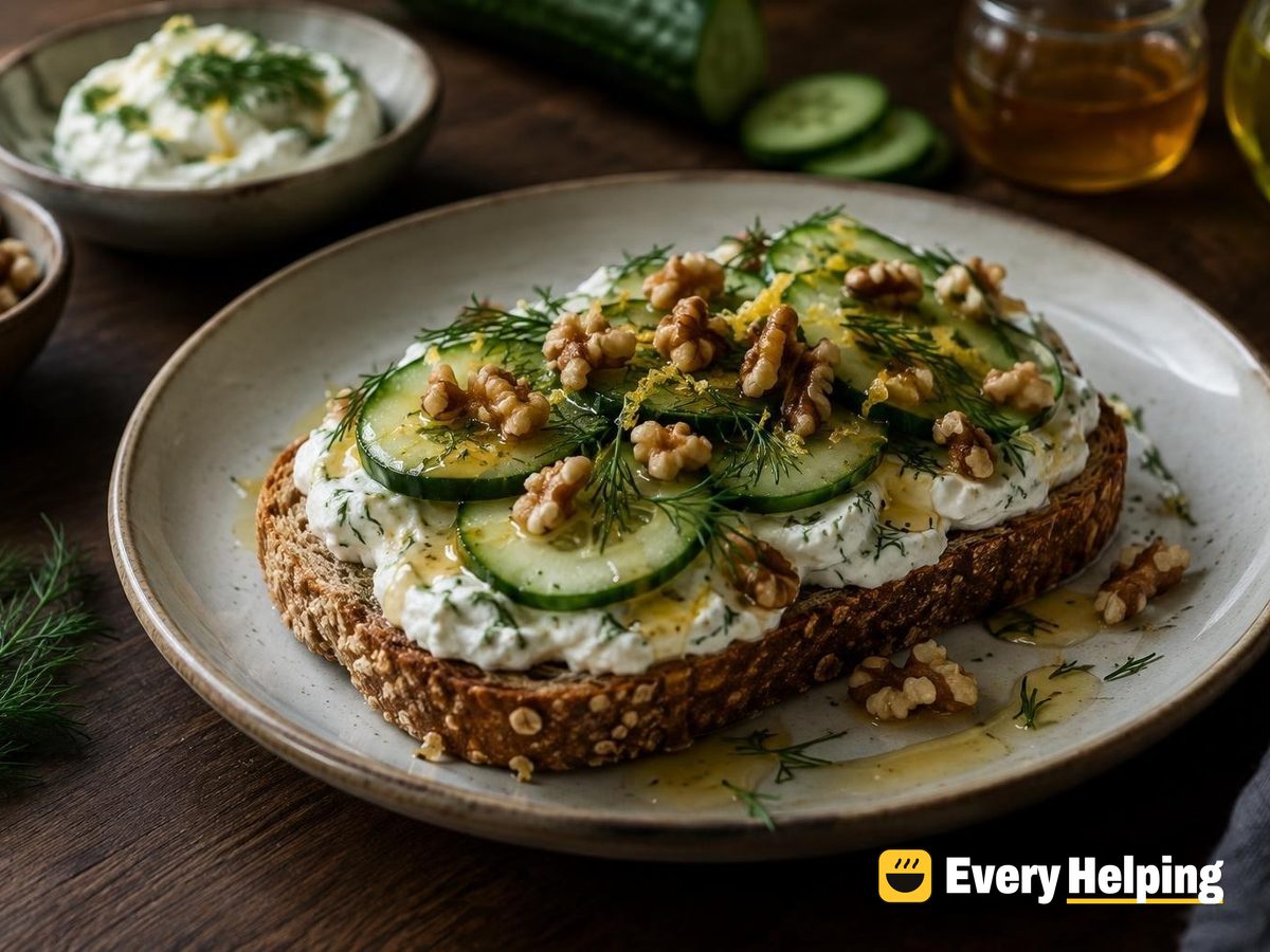 Dill Labneh Toast with Cucumber and Walnuts