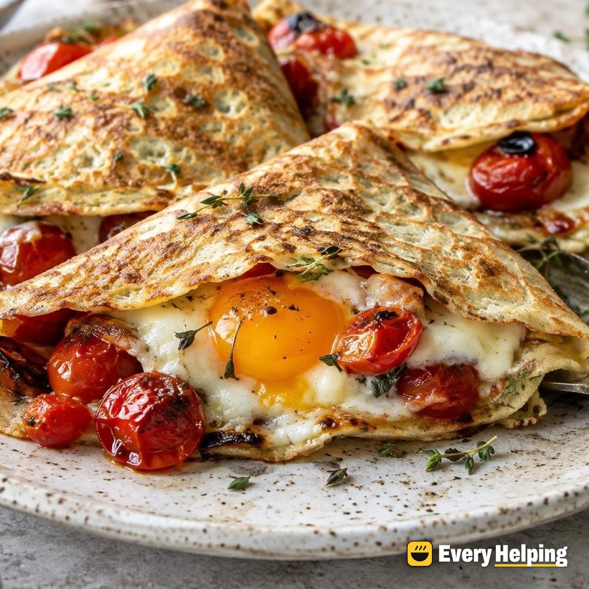 Oat Crêpes with Roasted Tomato, Egg and Gruyère-Style Melt