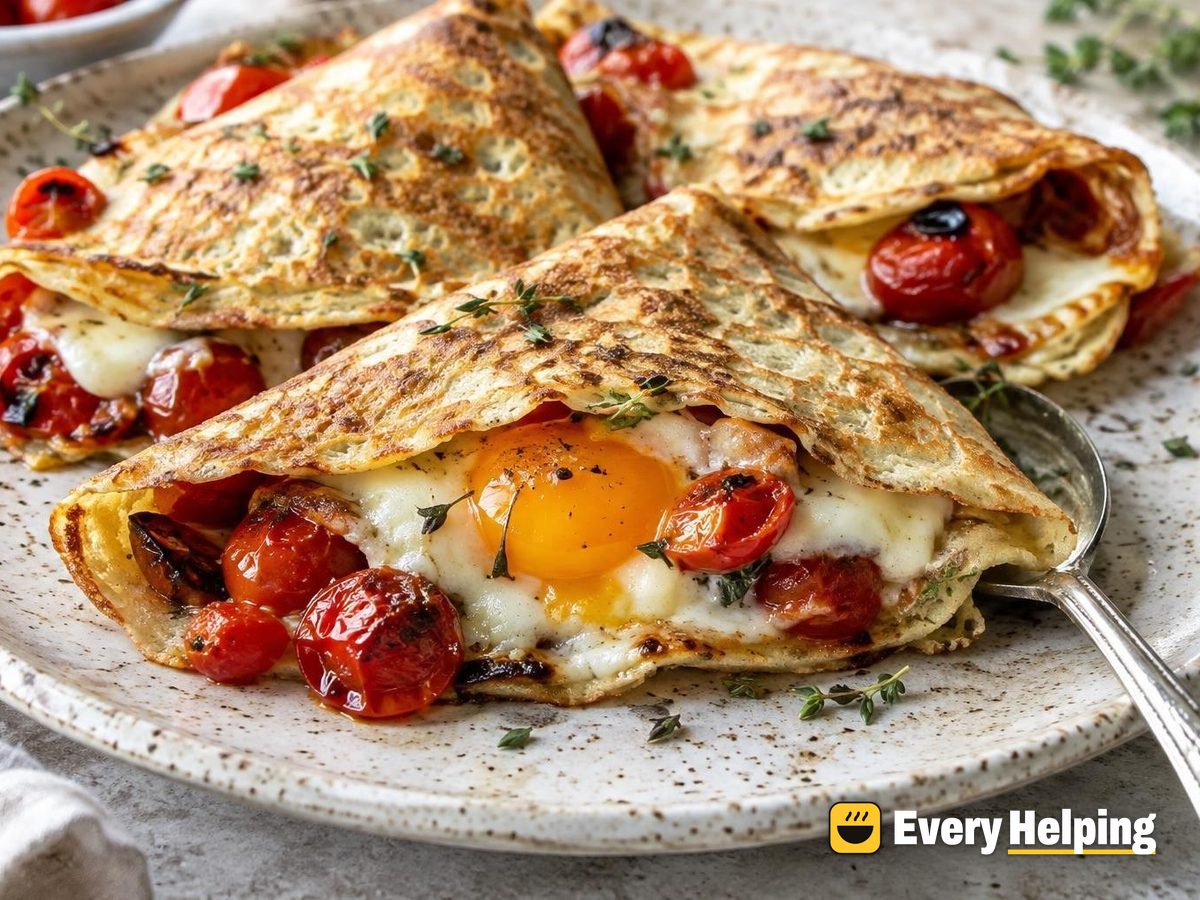 Oat Crêpes with Roasted Tomato, Egg and Gruyère-Style Melt