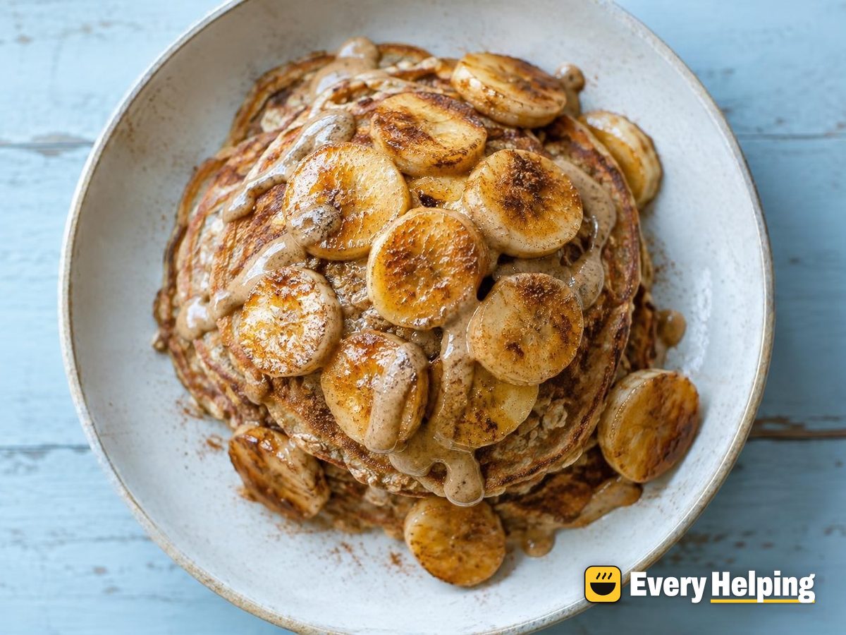 Caramelized Banana Oat Pancakes with Almond Butter