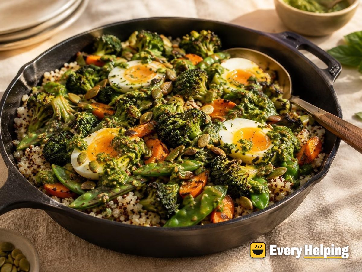 Skillet Broccoli Quinoa Bowls with Basil-Mint Pesto