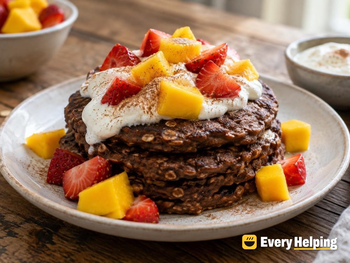 Overnight Cocoa Oat Yogurt Pancakes with Mango