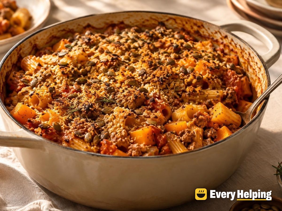 Rosemary Pork and Butternut Rigatoni Bake