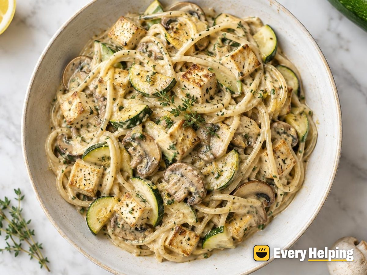 Lemony Mushroom Tofu Spaghetti with Zucchini