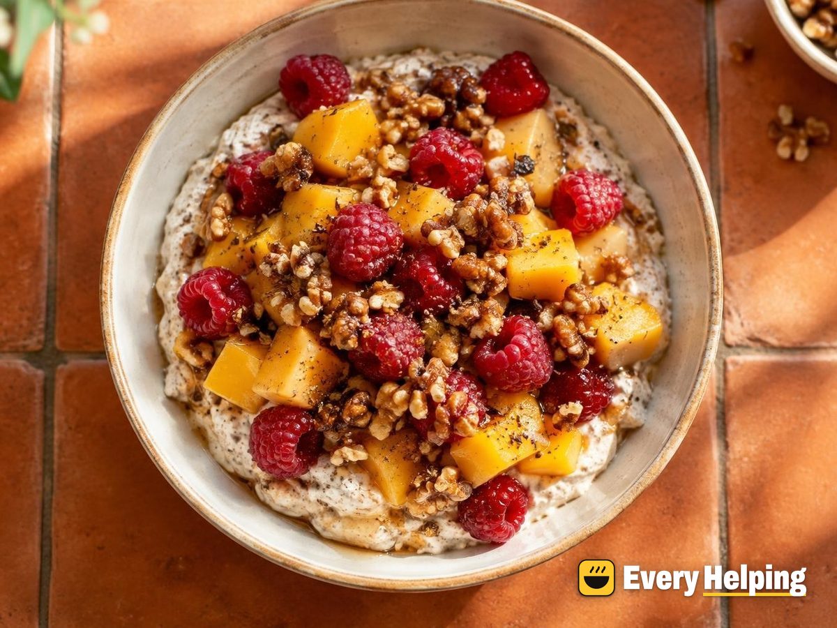 Tahini Date Cottage Cheese Mango-Raspberry Parfait
