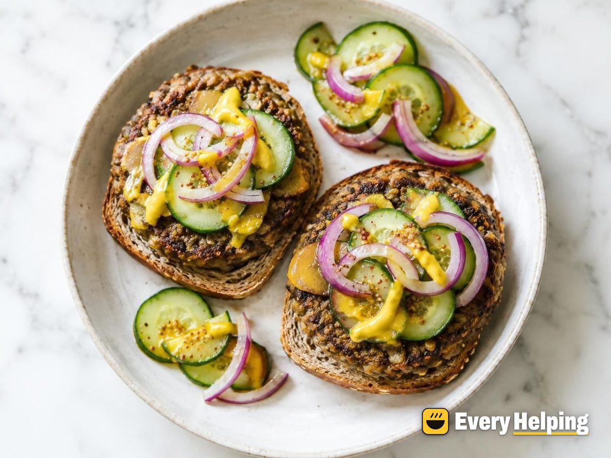 Brown Lentil Mushroom Burgers with Mustard Pickles
