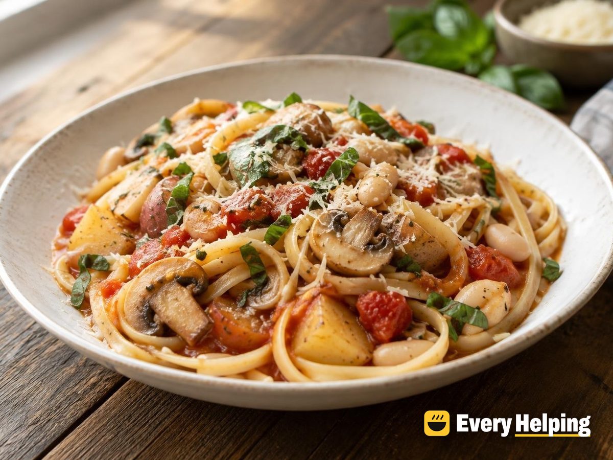 One-Pot Potato Mushroom Linguine with Fresh Tomatoes