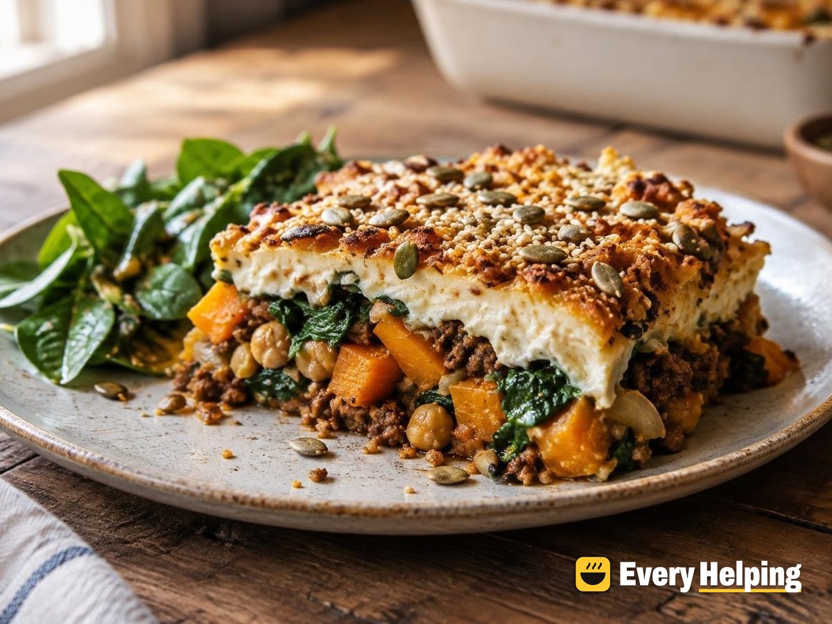 Spiced Beef, Butternut and Chickpea Yogurt Bake