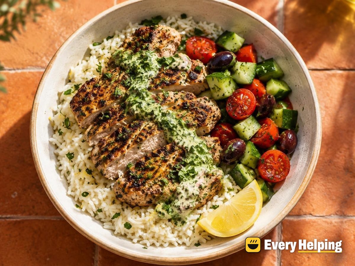 Pork Souvlaki Rice Bowls with Parsley-Mint Sauce