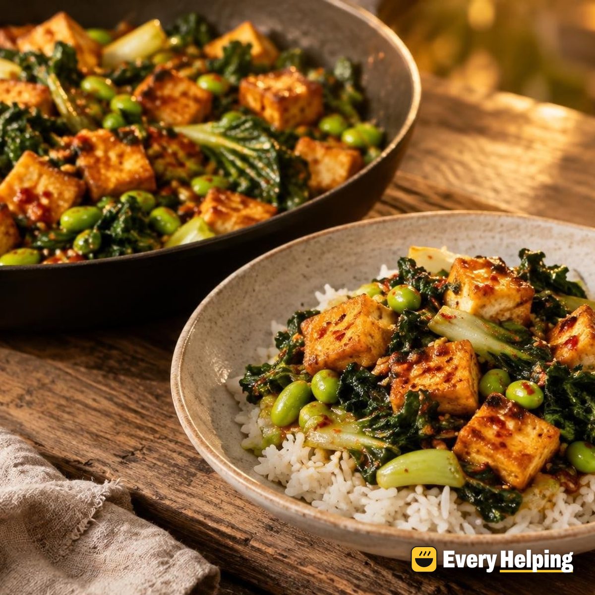 Crispy Chili Garlic Tofu and Edamame Rice
