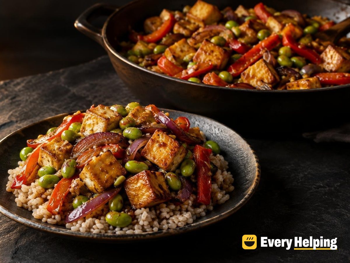 Crispy Tofu and Edamame Pepper Stir-Fry