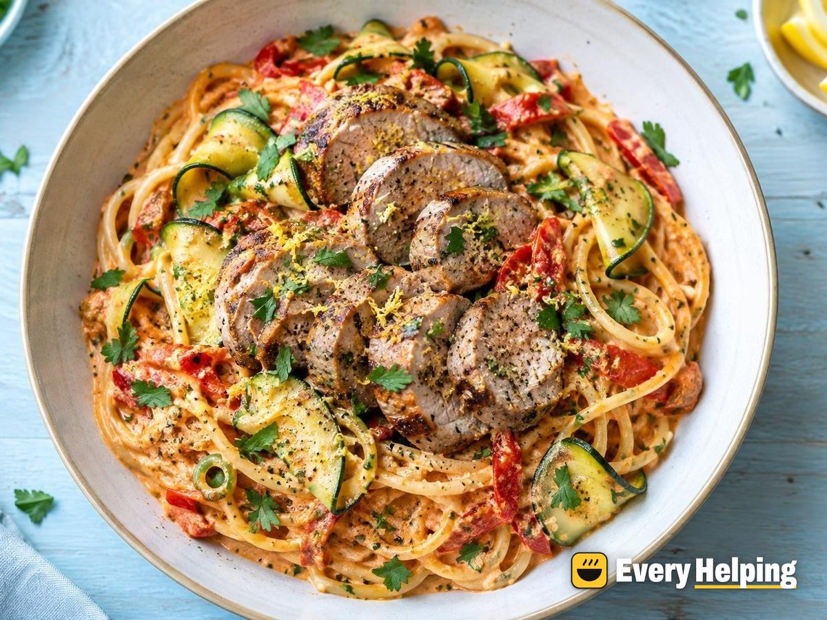 Lemony Pork Medallion Spaghetti with Almond-Pepper Cream