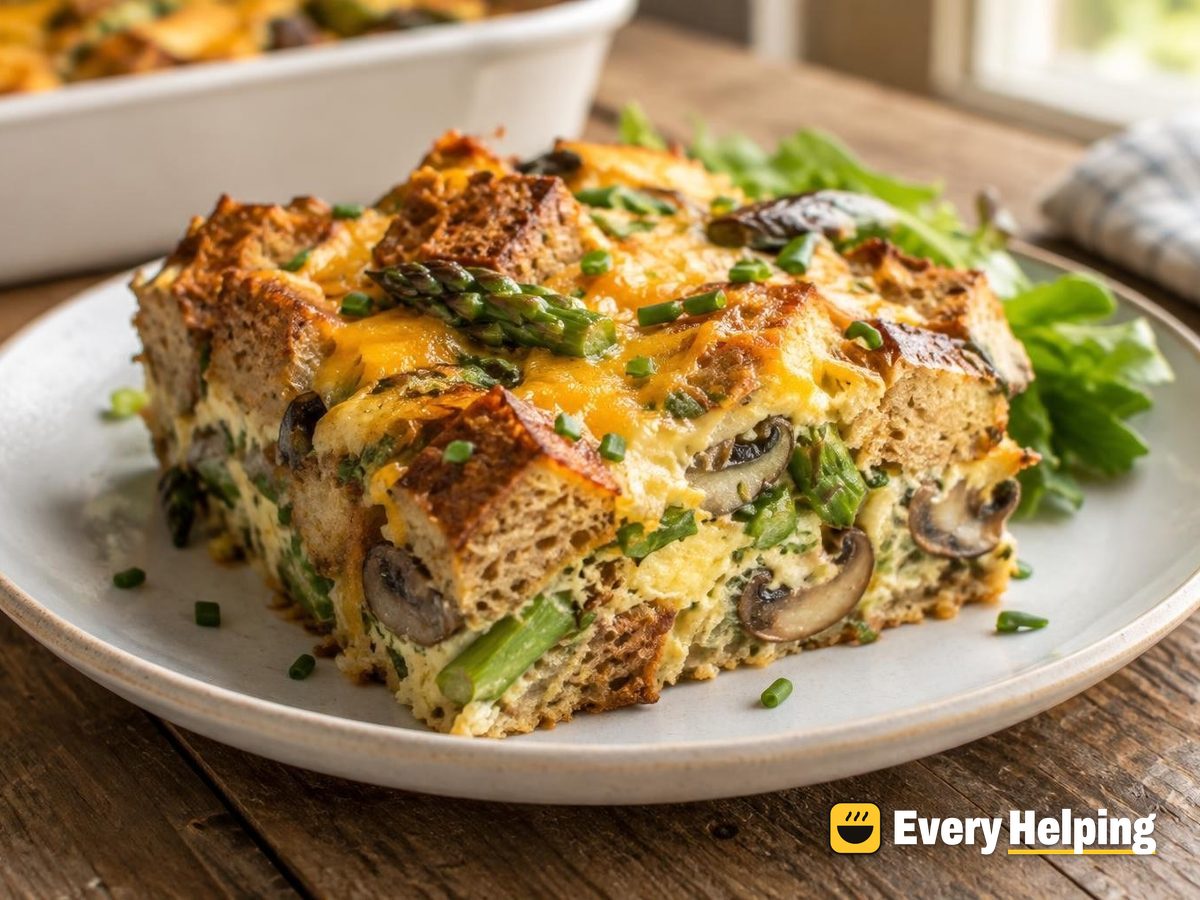 Cheddar Chive Mushroom Asparagus Bread Strata
