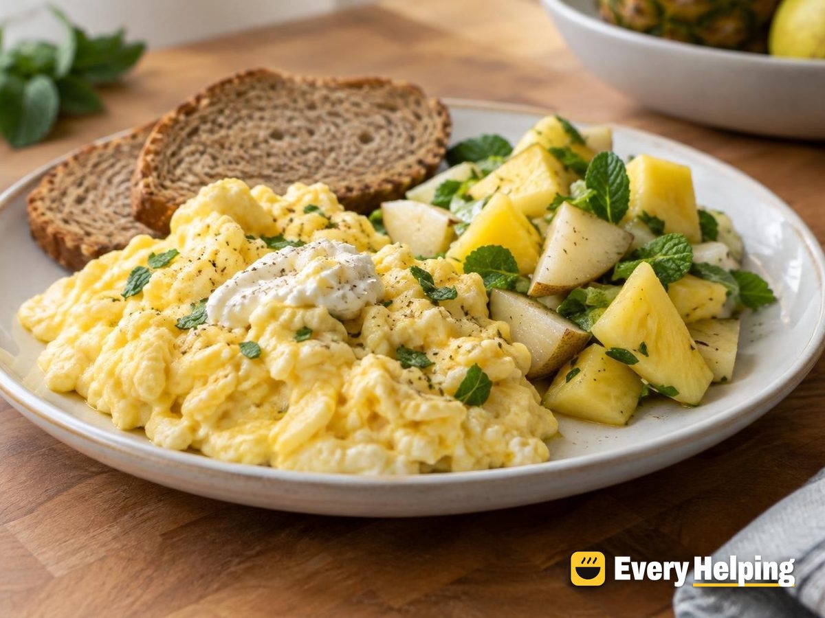 Buttery French-Style Scramble with Pineapple-Mint Salad