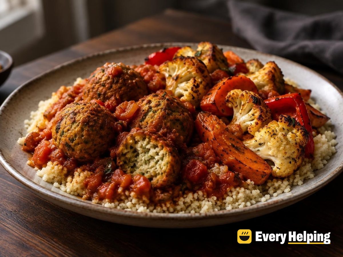 Spiced Tofu-Edamame Balls with Roasted Vegetables