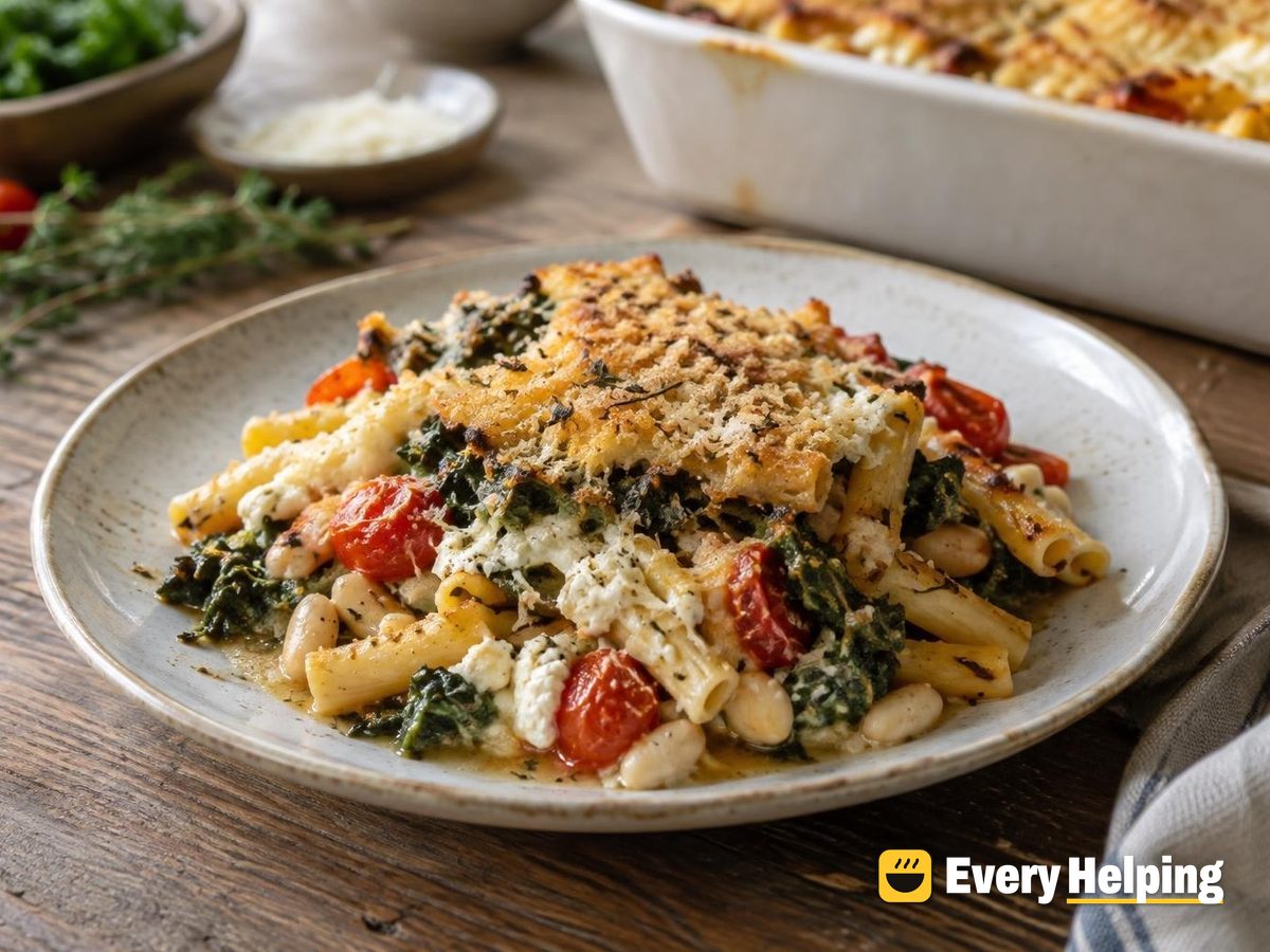 Ricotta and Kale Baked Ziti in Herb Broth
