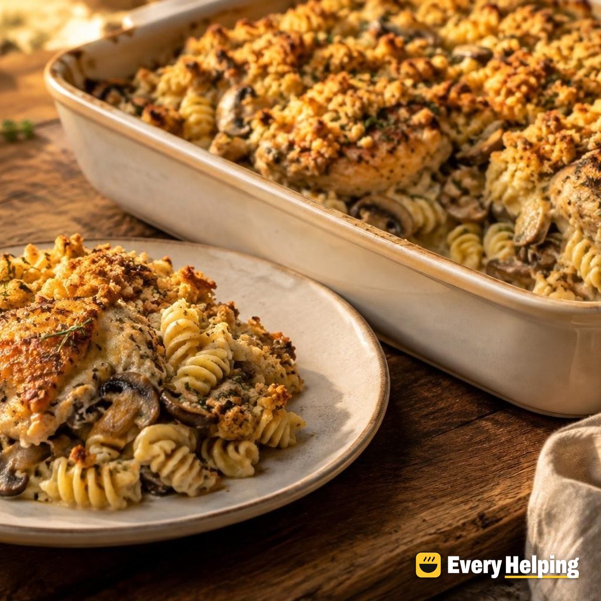 Baked Chicken Thigh Mushroom Rotini with Herb Crumbs