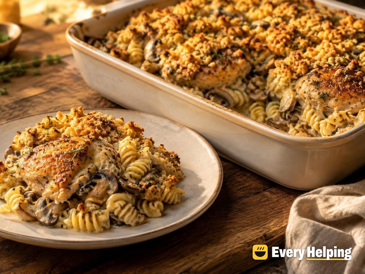 Baked Chicken Thigh Mushroom Rotini with Herb Crumbs