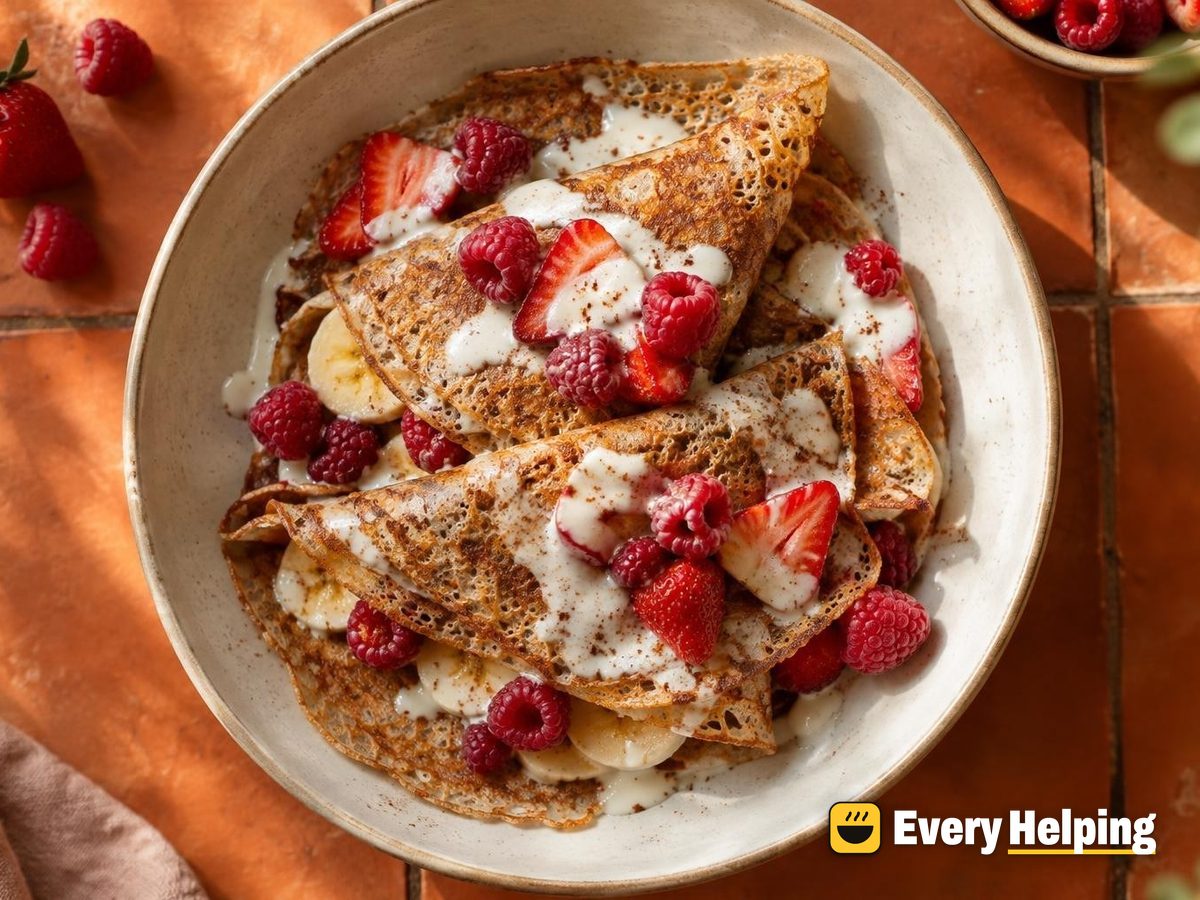 Thin Buckwheat-Style Banana Spice Pancakes with Berries