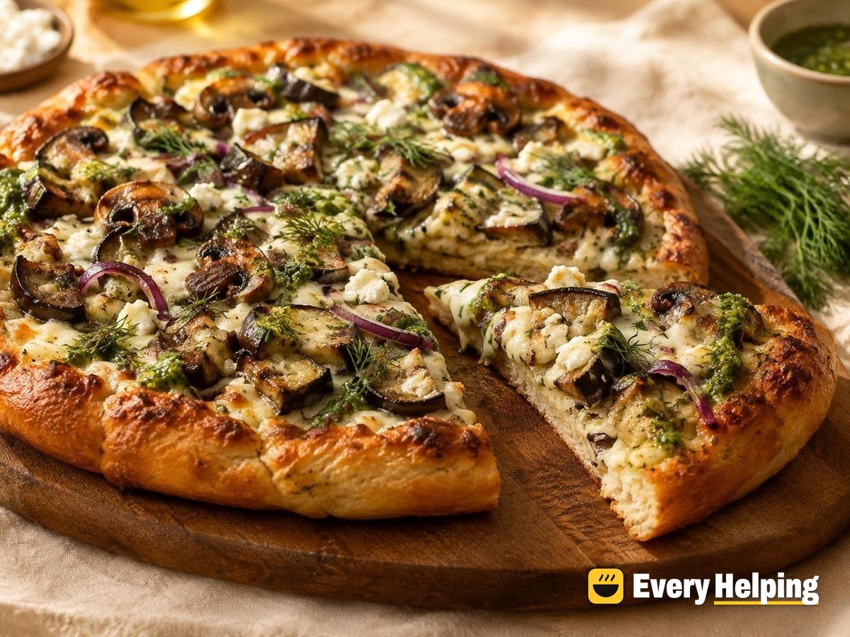 Roasted Mushroom Eggplant Pan Pizzas with Dill Sauce