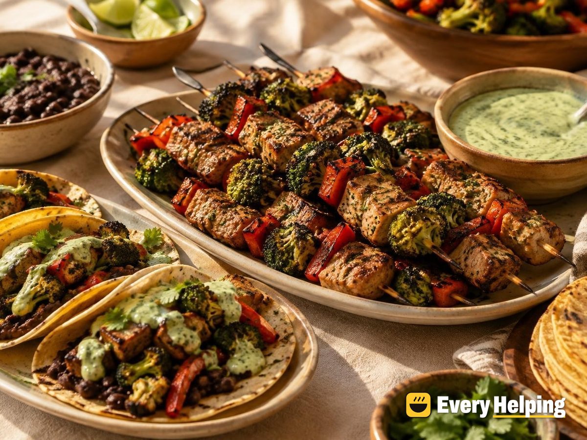 Garlic-Oregano Pork Skewers with Black Bean Tortillas