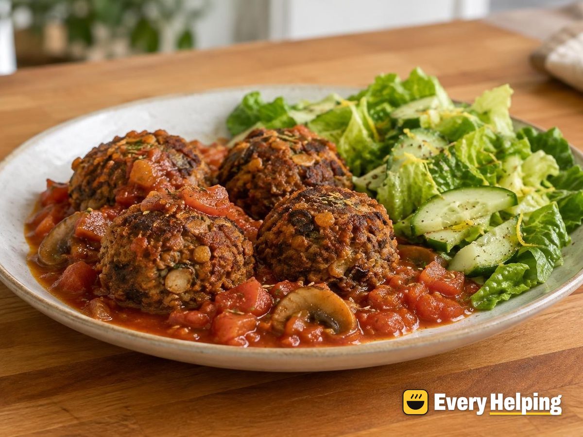 Lentil Mushroom Balls in Spiced Tomato Sauce