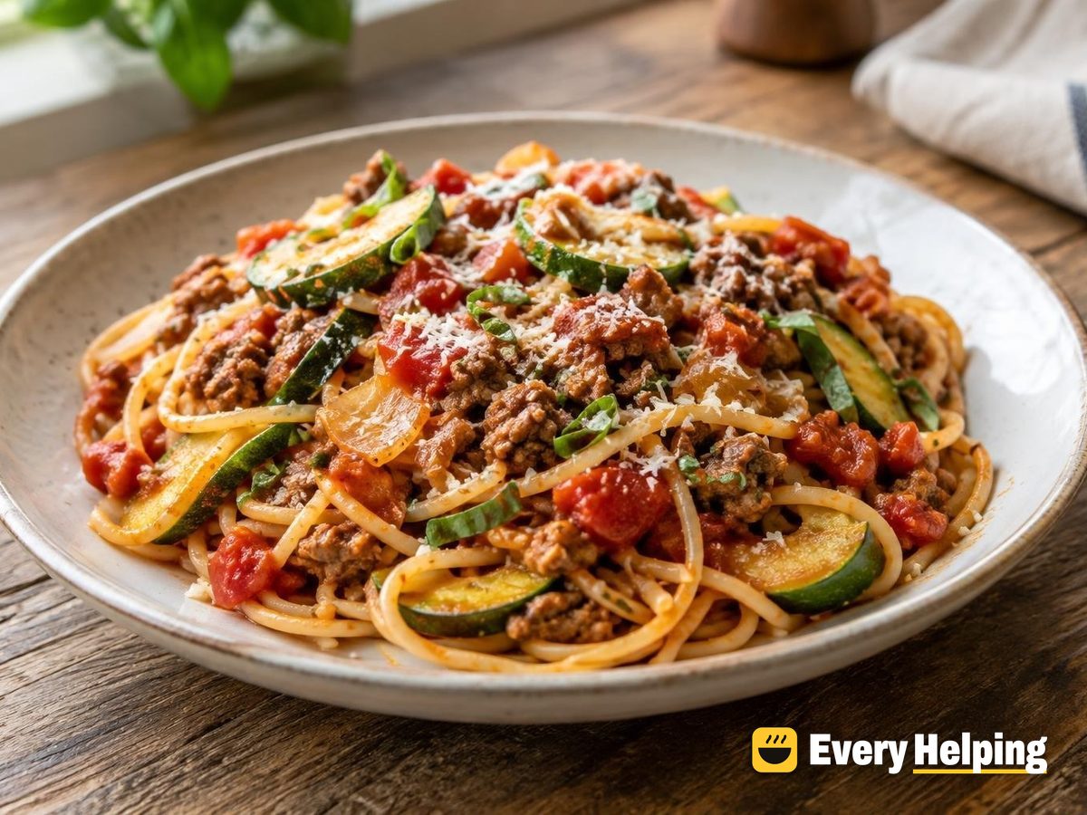 Spaghetti with Beef, Zucchini and Tomato Basil