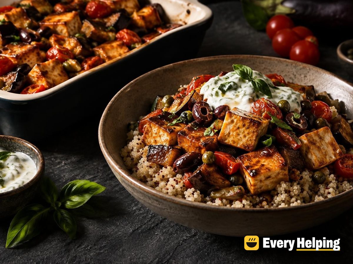 Balsamic Tofu Caponata Quinoa Bowls with Basil Yogurt