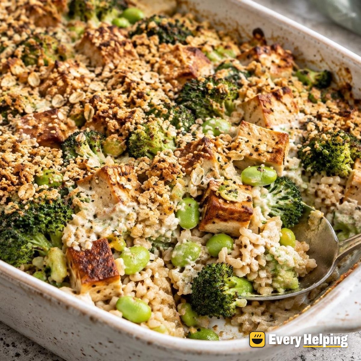 Miso-Ginger Tofu and Edamame Rice Bake