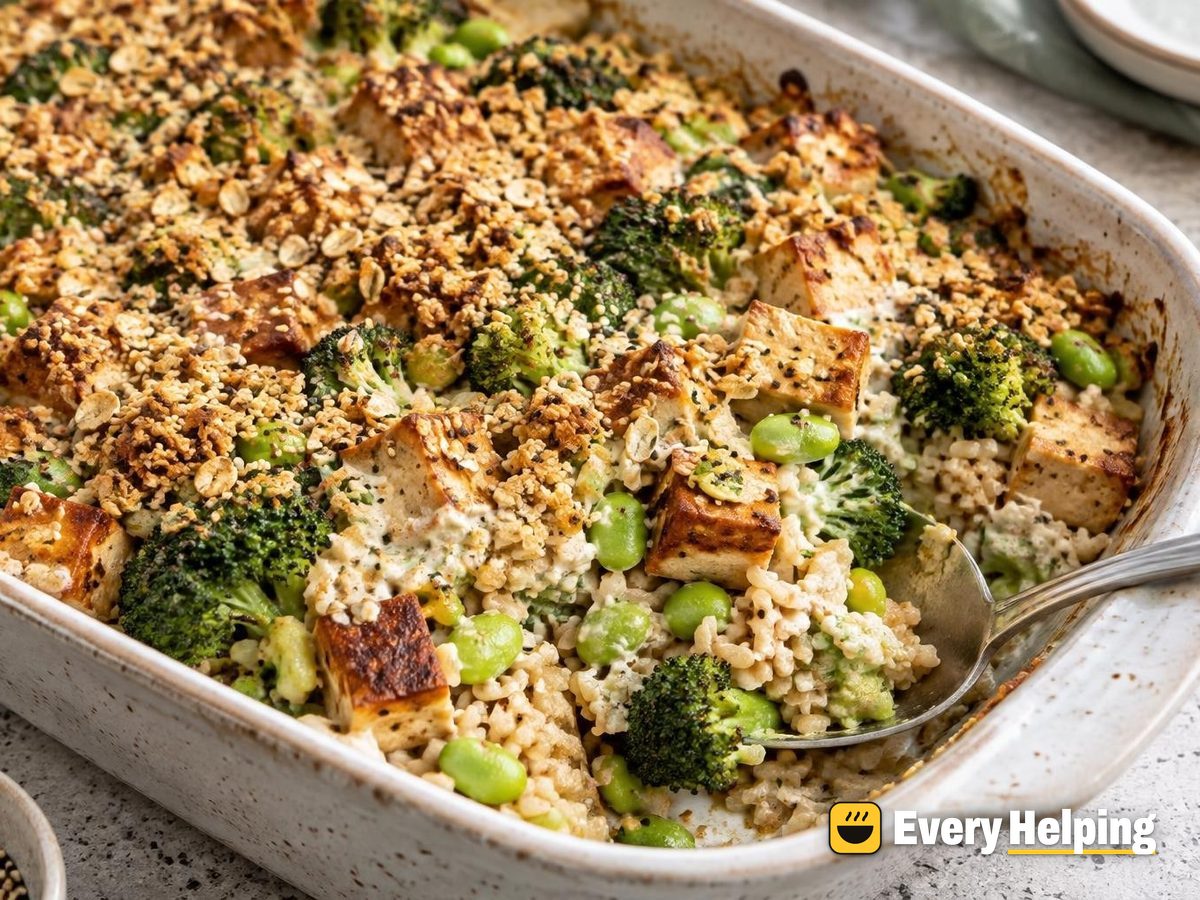 Miso-Ginger Tofu and Edamame Rice Bake