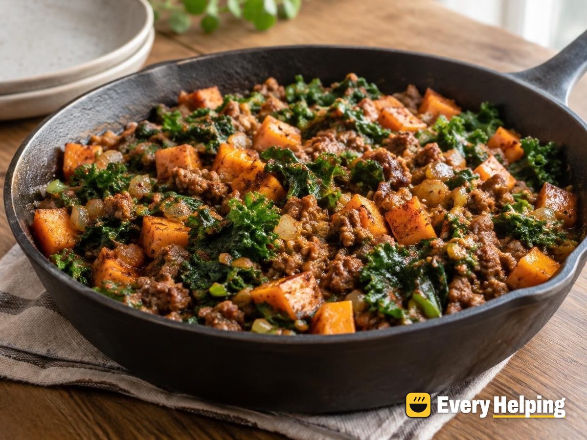 Ground Beef, Sweet Potato and Kale Skillet
